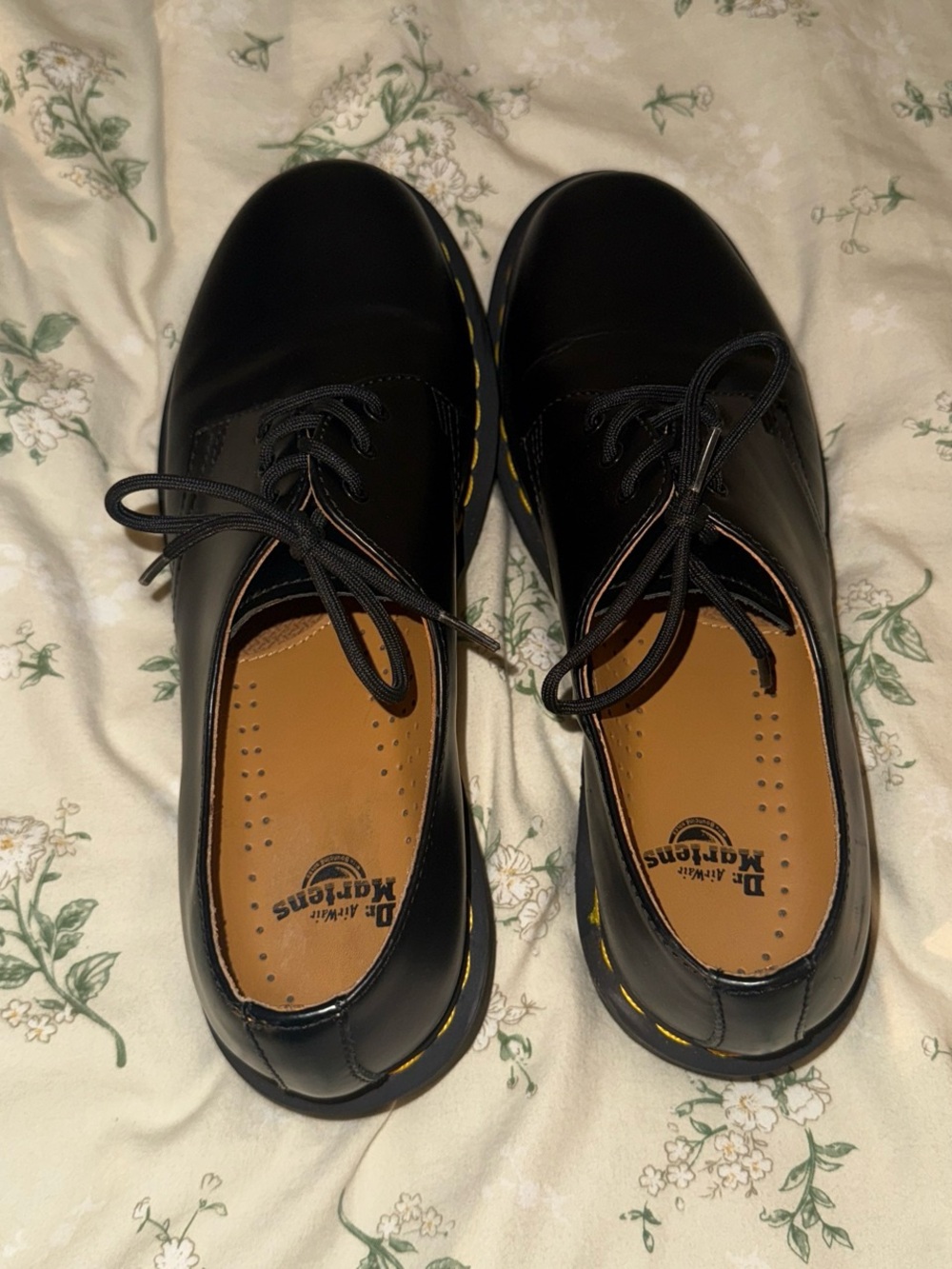 Dr. Martens Black Leather Lace-Up Oxfords with Yellow Stitching